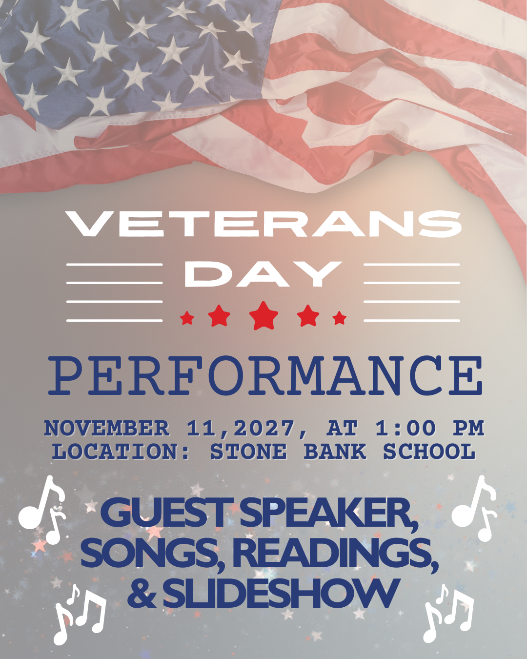 Flyer with american flag background and wording for the event